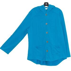 Susan Graver Womens Jacket Button Up Hooded Roll Tab Sleeve Blue Size Large IC